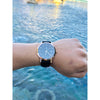 Sirena Guam watch. Rose gold casing with black leather band